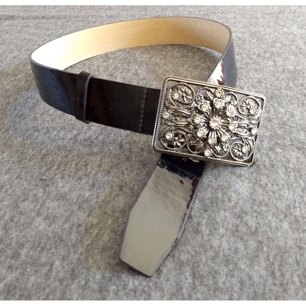 White House Black Market Rhinestone Belt WHBM Black Patent Leather Womens S